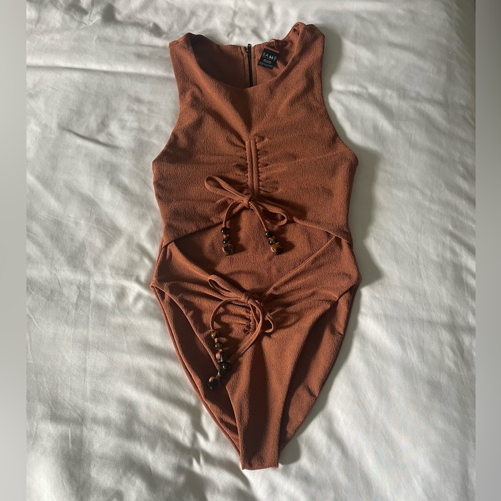 NEW SAME Los Angeles Women's Brown textured ruched One Piece Swimsuit Size S